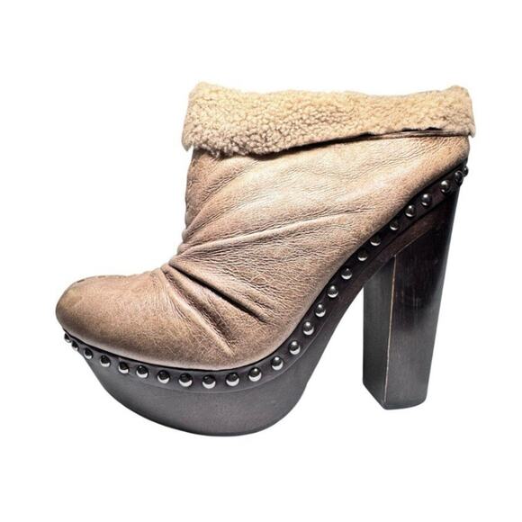 $995 MIU MIU PRADA CALZATURE DONNA SHEEPSKIN LEATHER WOOD PLATFORM BOOTS 39.5 - Picture 1 of 10